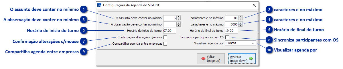 Configurações da Agenda do SIGER®
