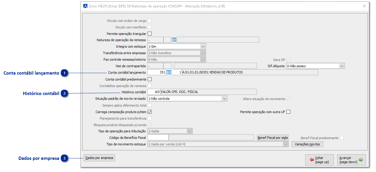Configurações das Naturezas de Operações (CFOP)