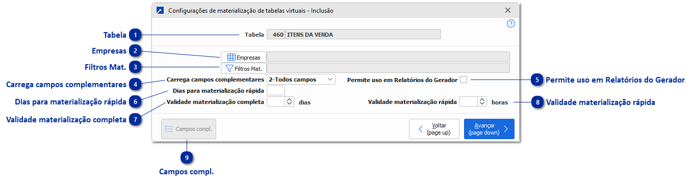 Configurações de materialização de tabelas virtuais