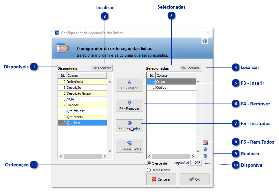 Configurador da Ordenação das Linhas