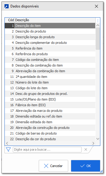 Dados do item/nota para montagem