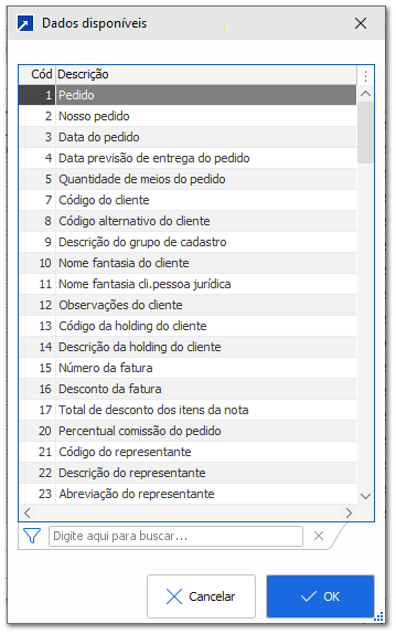 Dados do item/nota para montagem