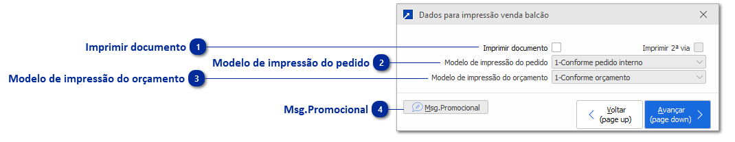 Dados para impressão venda balcão.
