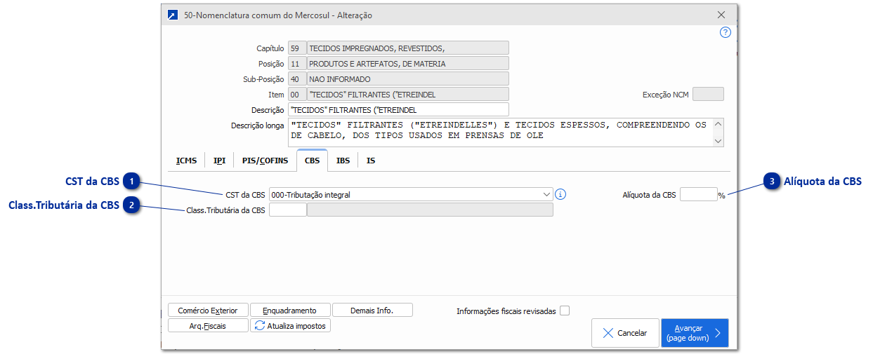 Dados para tributação - CBS