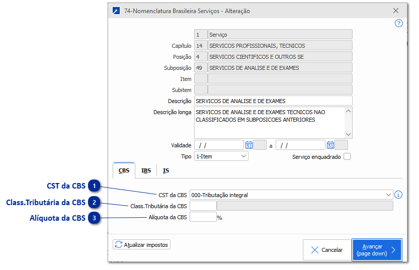 Dados para tributação - CBS