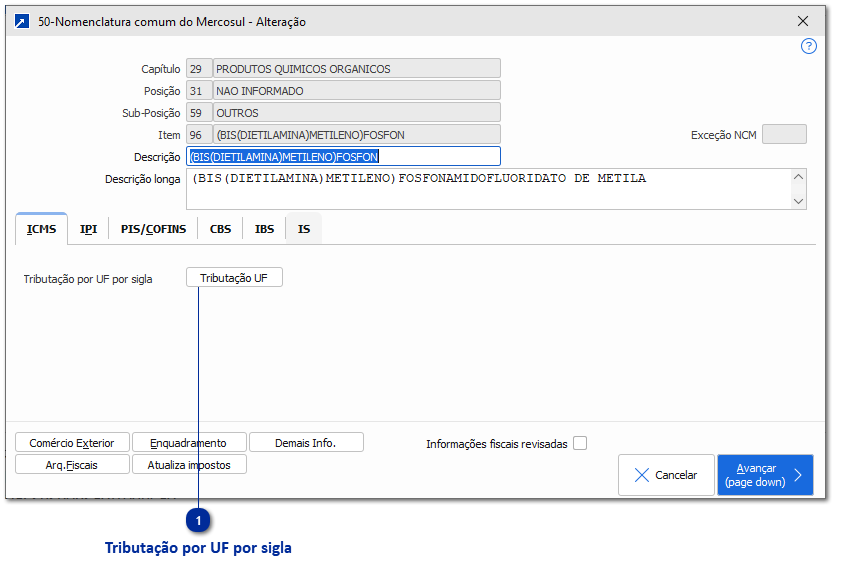 Dados para tributação - ICMS