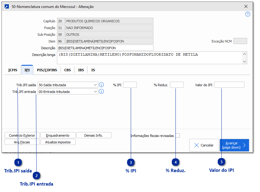 Dados para tributação - IPI