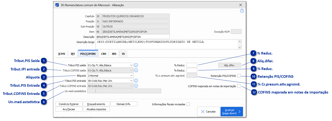 Dados para tributação - PIS/COFINS