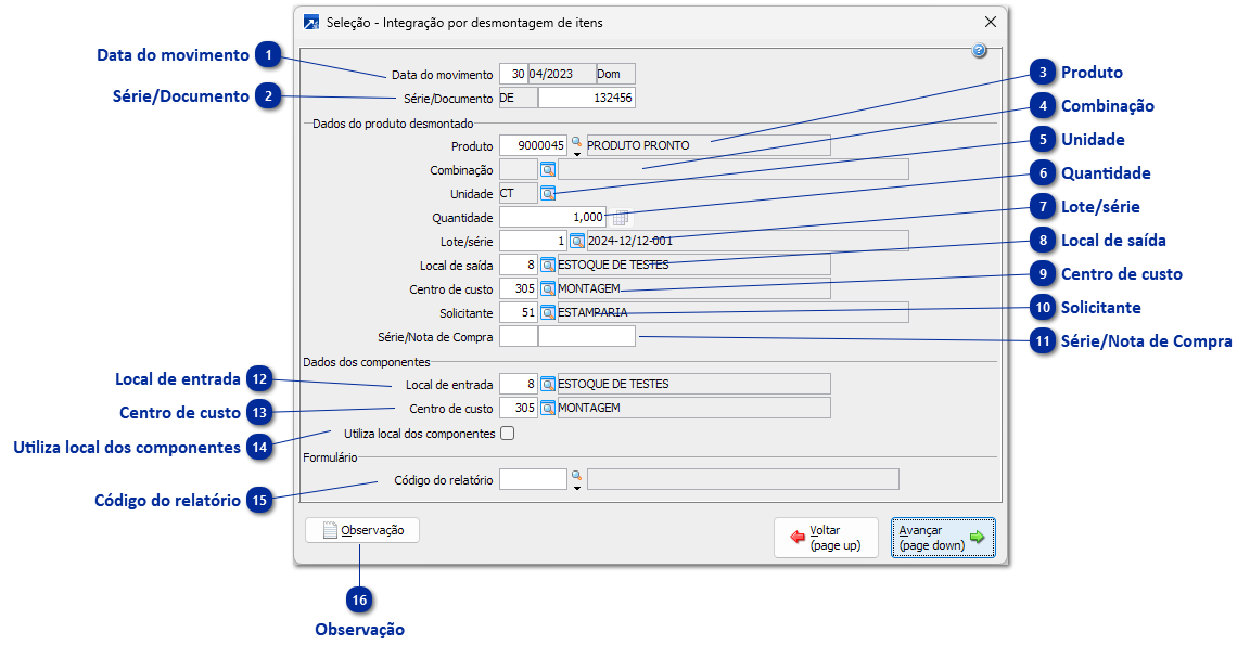 Movimentações por Desmontagem de Itens