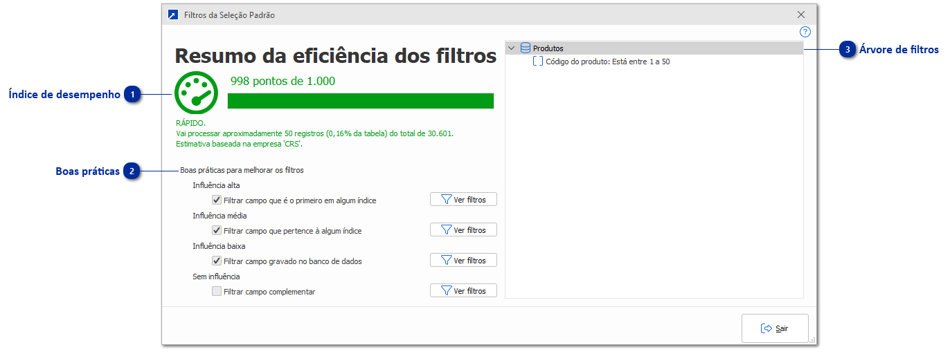 Detalhes sobre filtros ativos