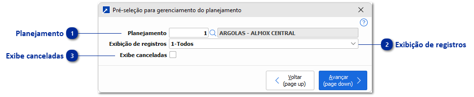 Gerenciador de Planejamento - Pré-seleção
