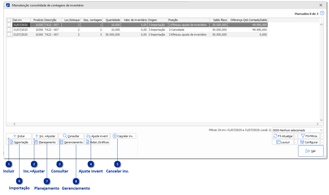 Manutenção consolidada Contagens de Inventário
