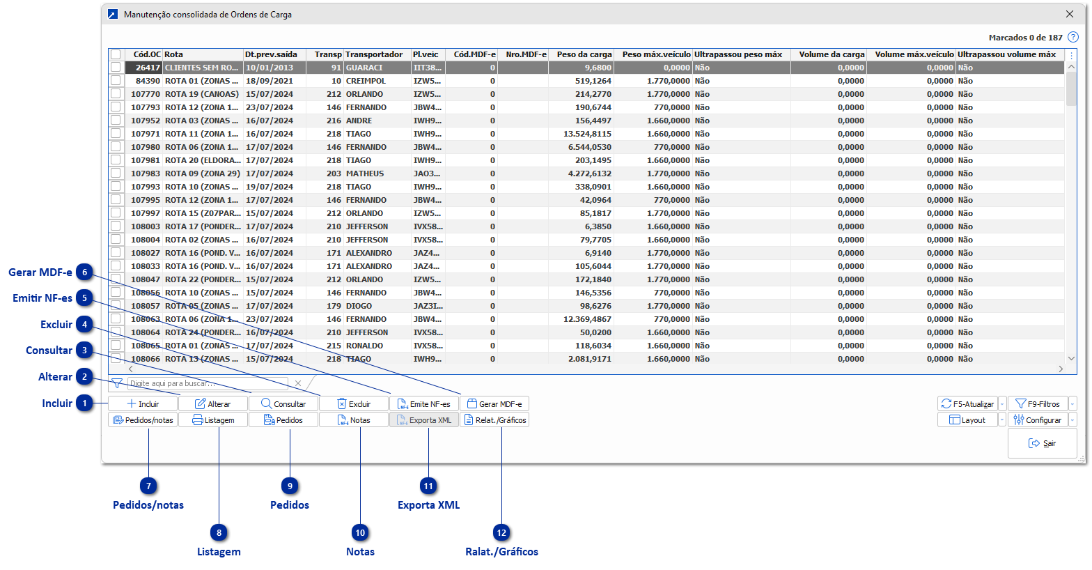 Manutenção consolidada Ordem Carga