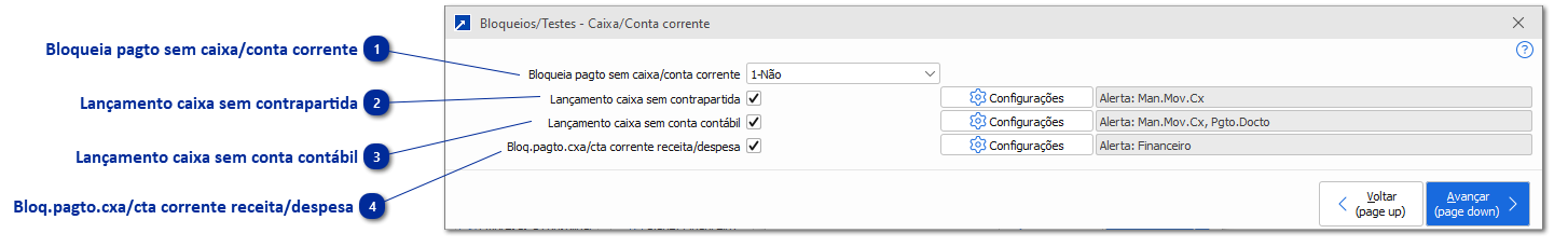 Bloqueios/Testes - Caixa/Conta corrente