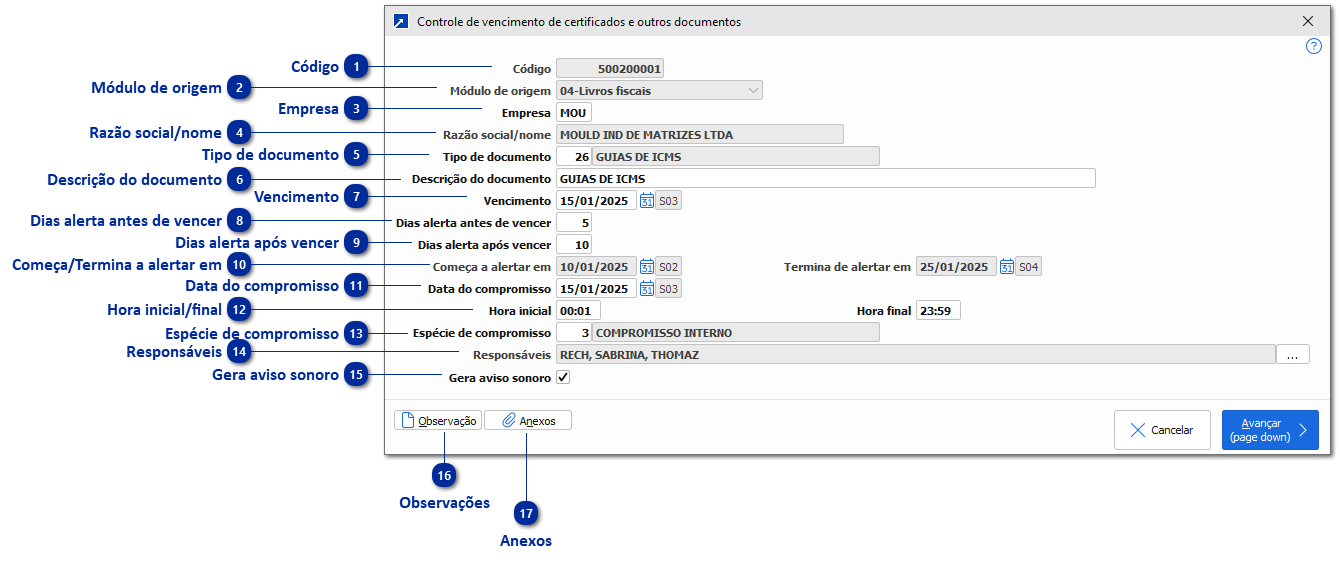 Manutenção do Controle de vencimento de certificados e outros documentos