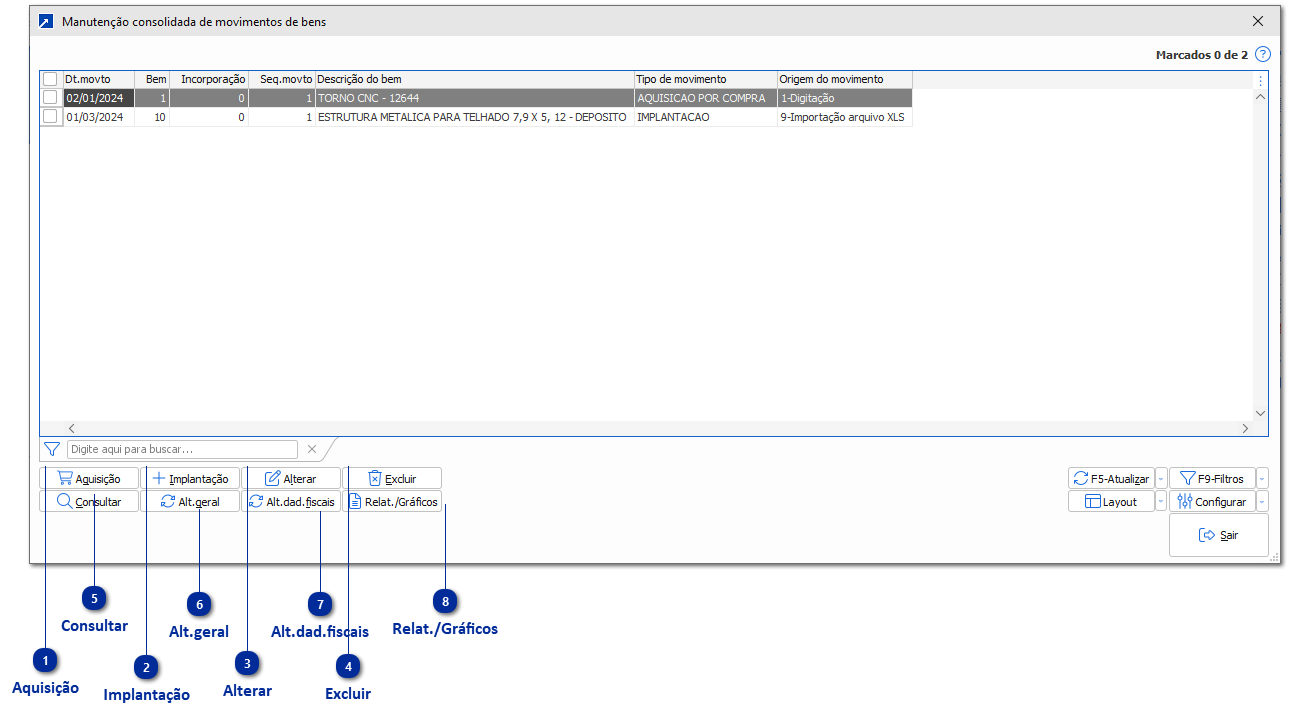 Manutenção consolidada de movimentos de bens