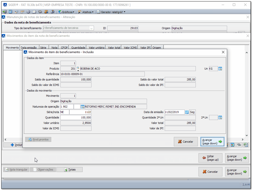 Inclusão de Movimento de Retorno para Item da Nota