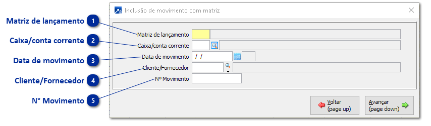 Inclusão de movimento através da matriz de caixa/conta corrente 