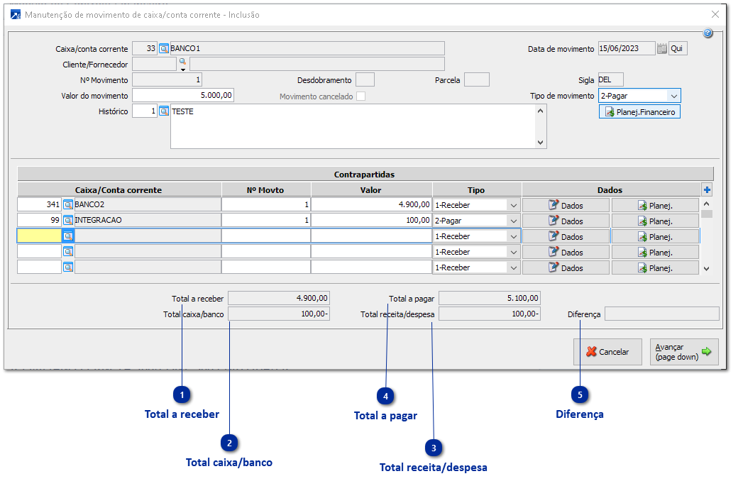 Inclusão de Movimento de Caixa/Conta Corrente sem Integração com Contabilidade