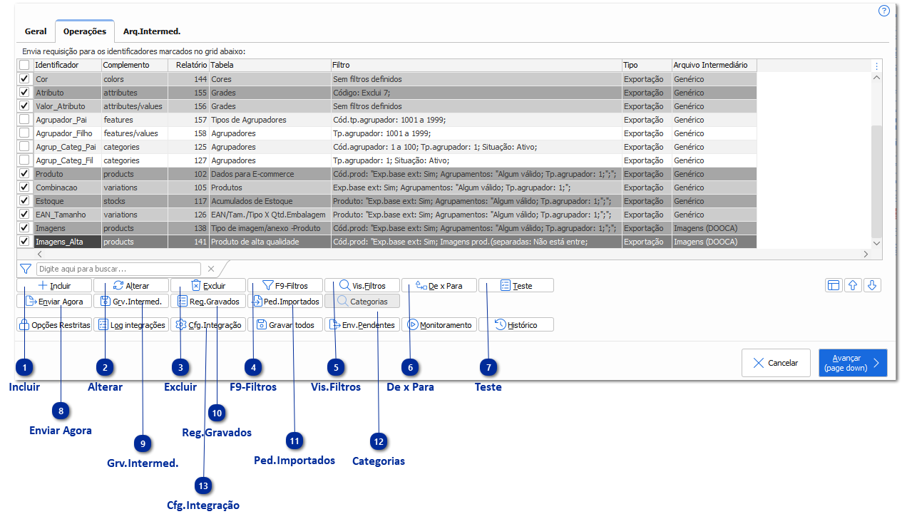 Configurações por Operação