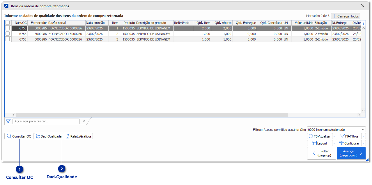 Itens da ordem de compra retornados