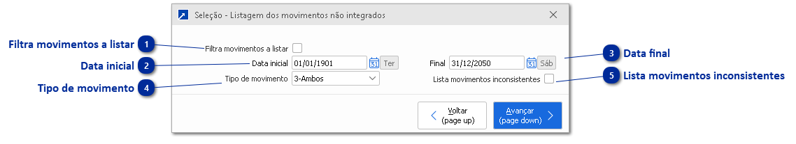 Listagem de movimentos não integrados