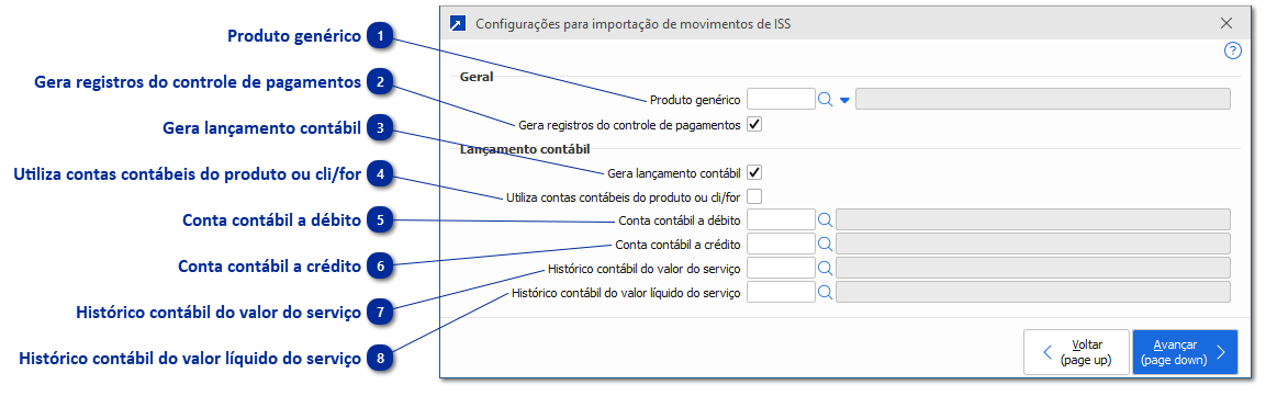 Configurações para importação de movimentos de ISS