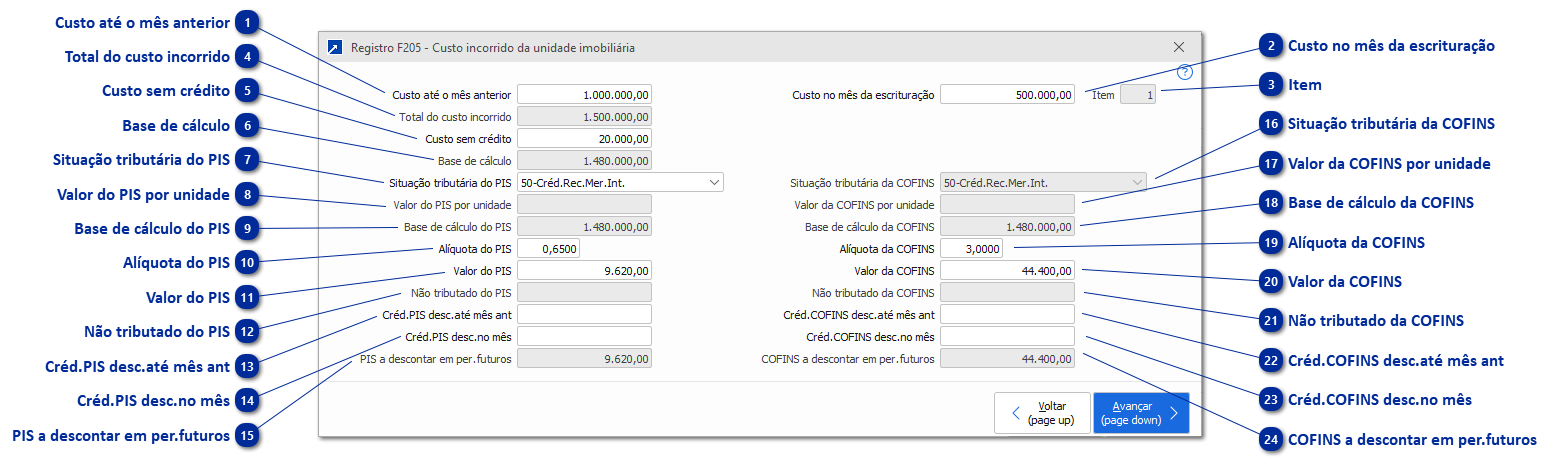 Registro F205 - Custo incorrido da unidade imobiliária