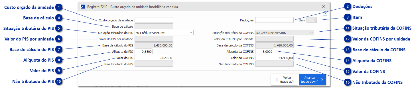 Registro F210 - Custo orçado da unidade imobiliária vendida