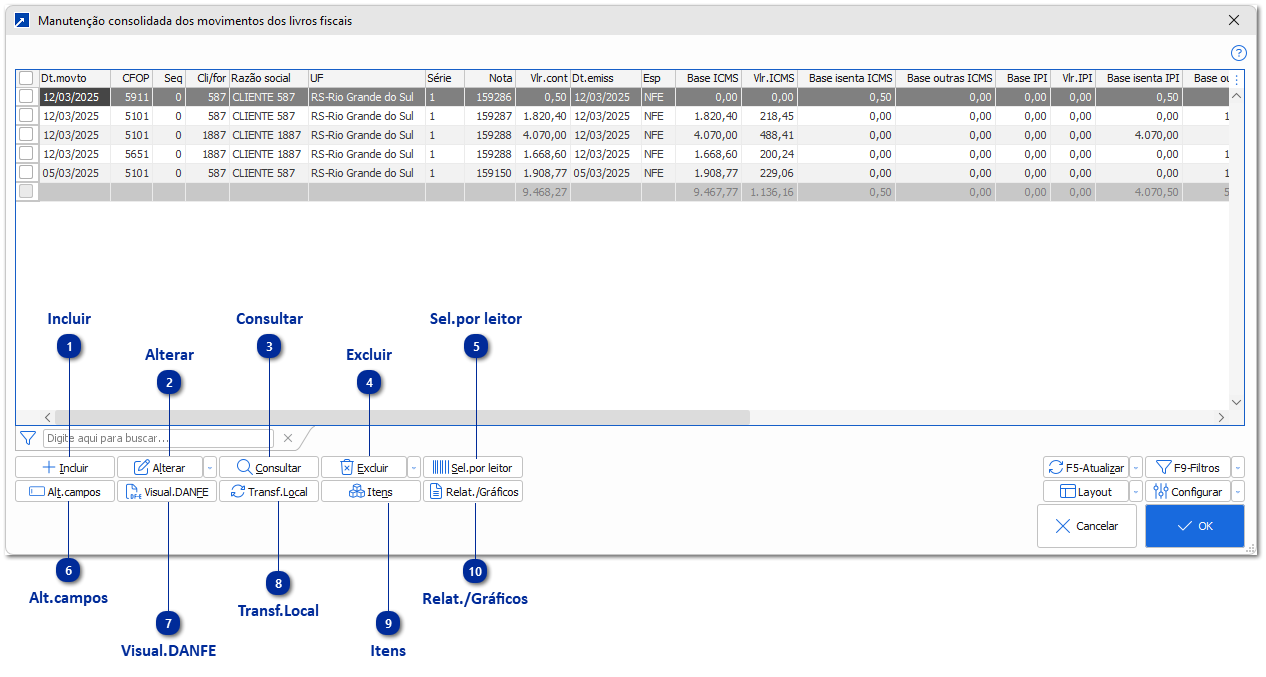 Manutenção consolidada dos movimentos dos livros fiscais