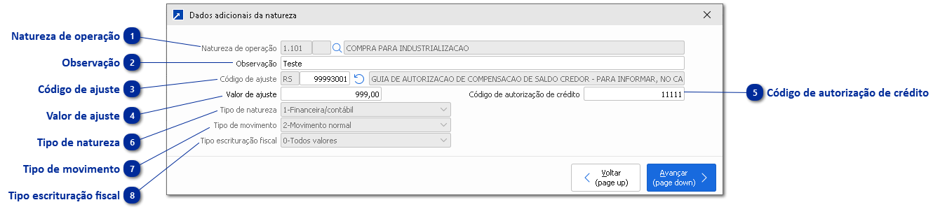 Dados adicionais da natureza