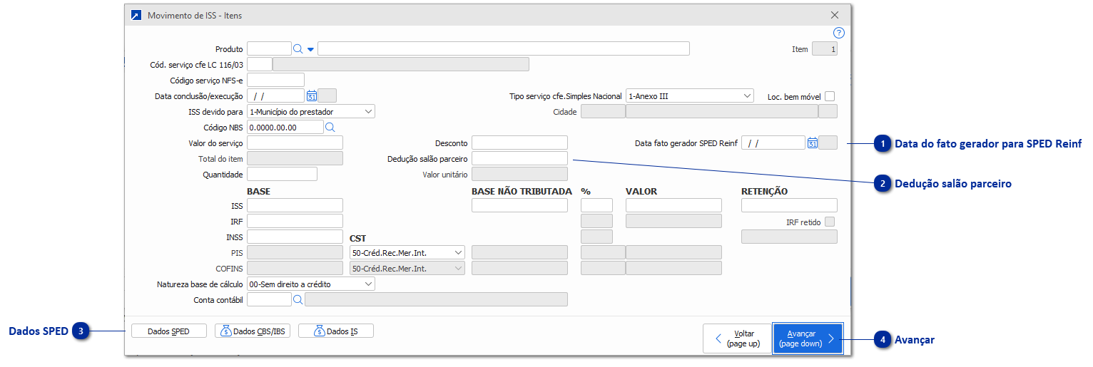 Itens dos movimentos de serviços/ISS