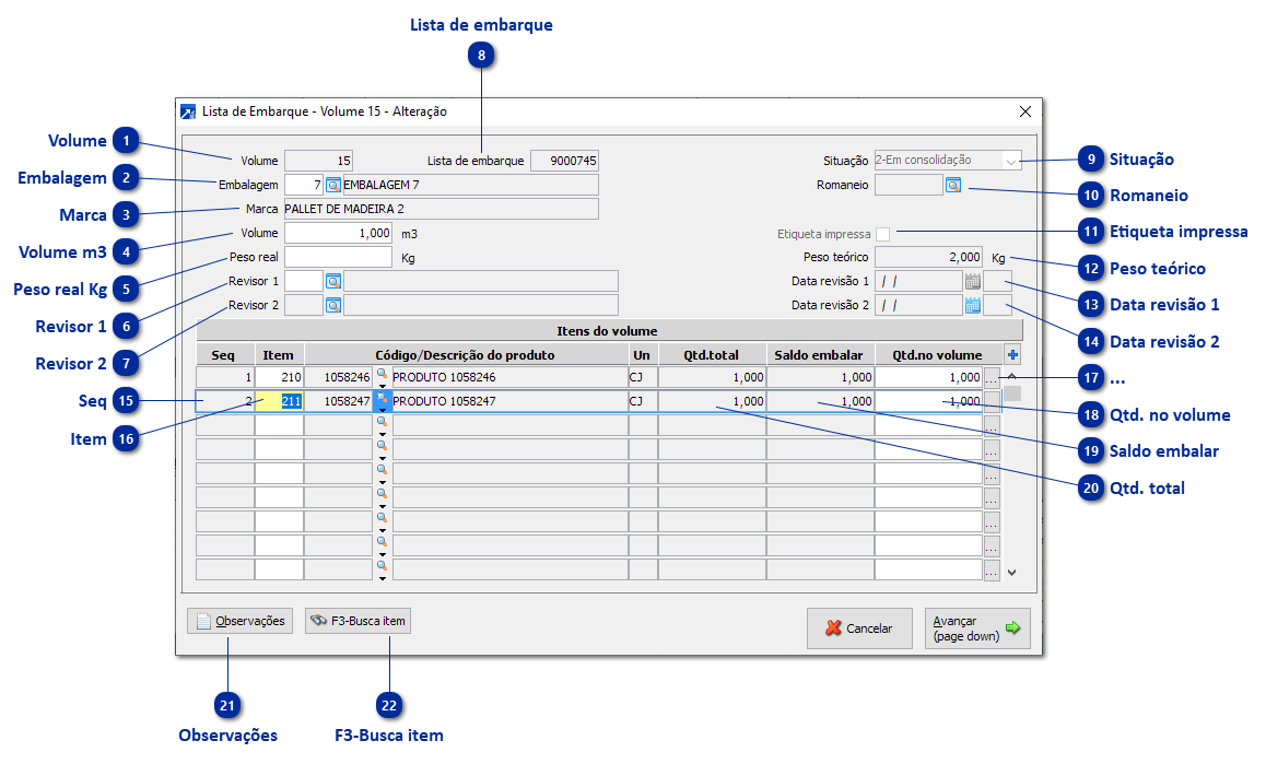 Volume da Lista de Embarque