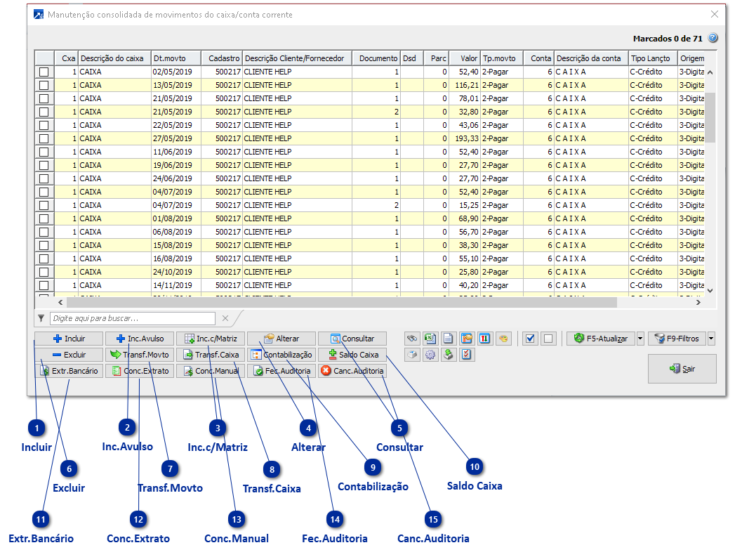 Manutenção Consolidada de Movimentos de Caixa/Conta corrente