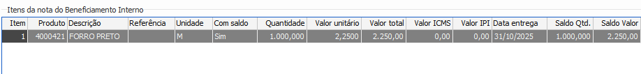 10. Itens da nota de beneficiamento