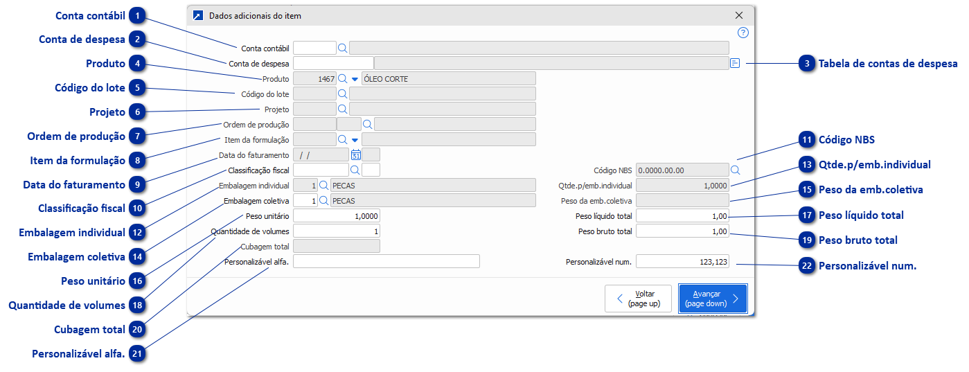 Dados adicionais do item