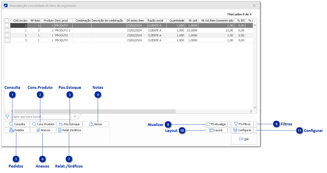 Manutenção consolidada de itens de Orçamentos/Retiradas