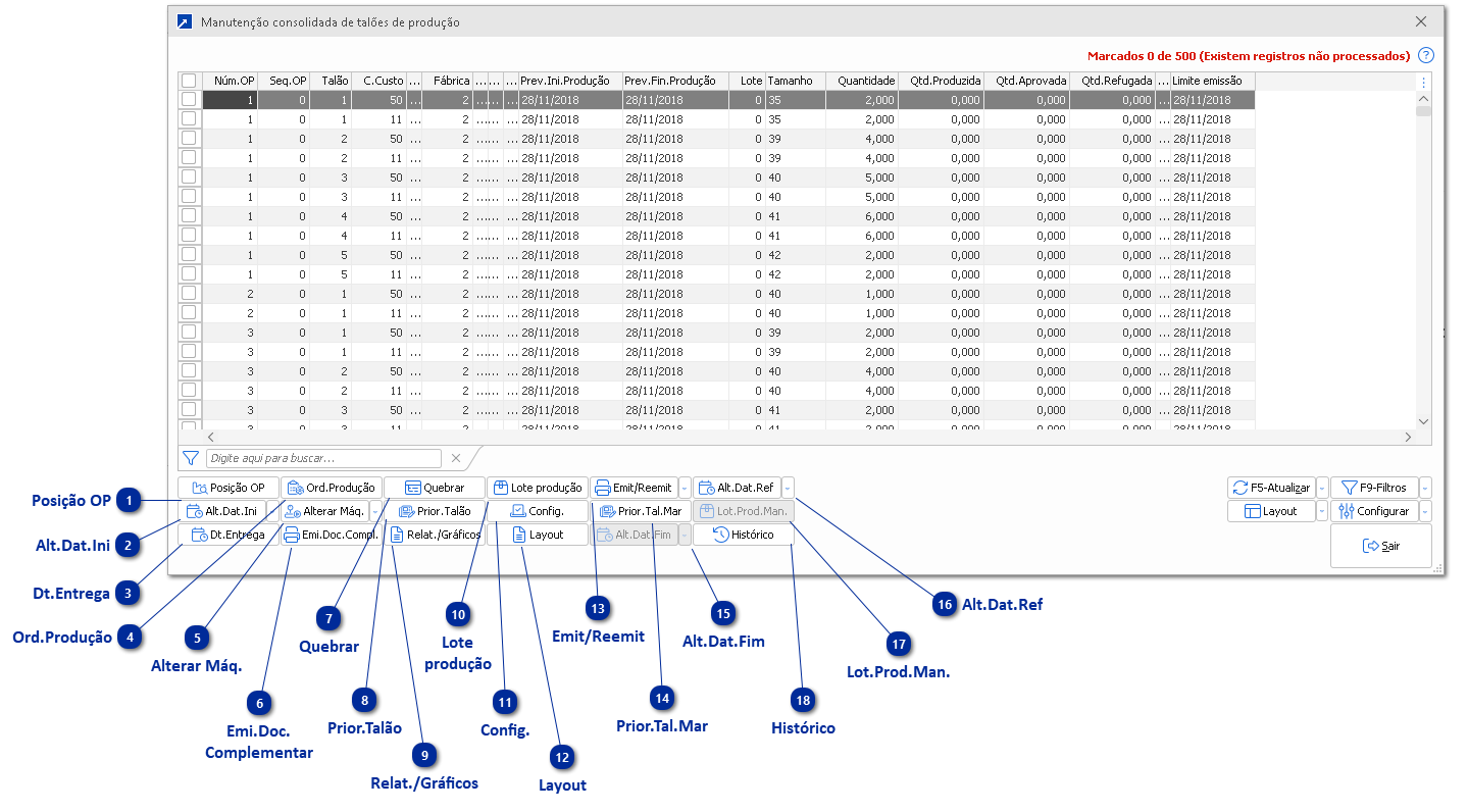Manutenção consolidada de talões de produção