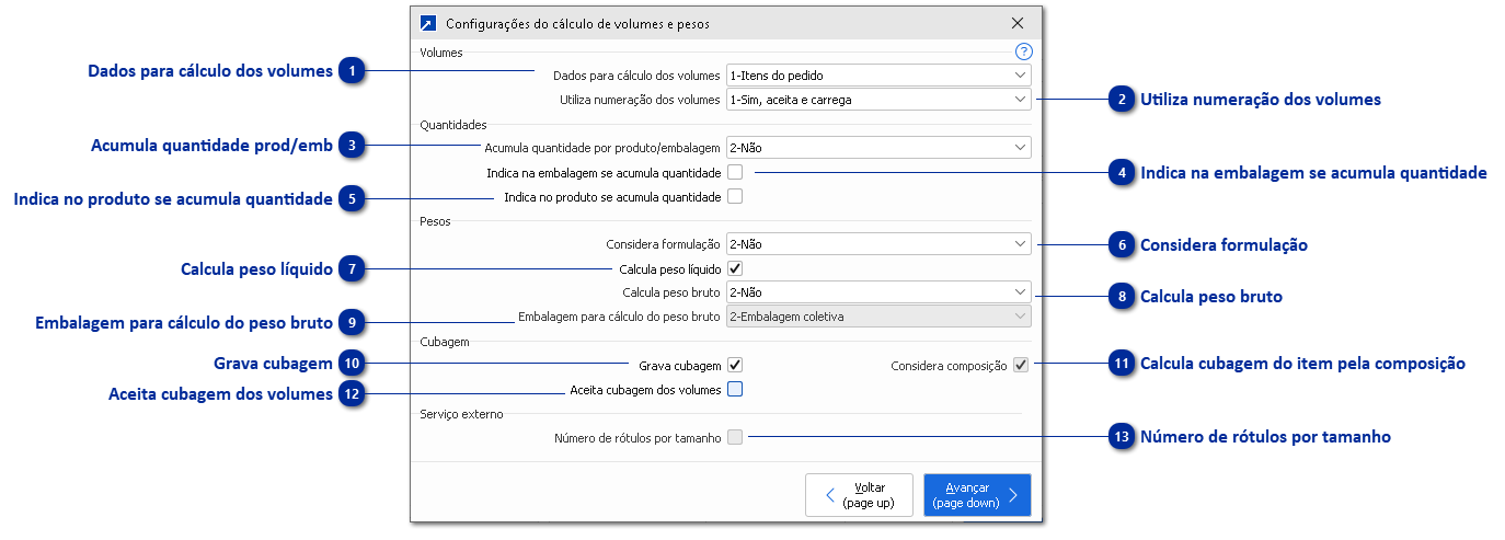 Configurações do cálculo de volumes e pesos