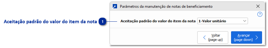 Parâmetros da manutenção de notas de beneficiamento