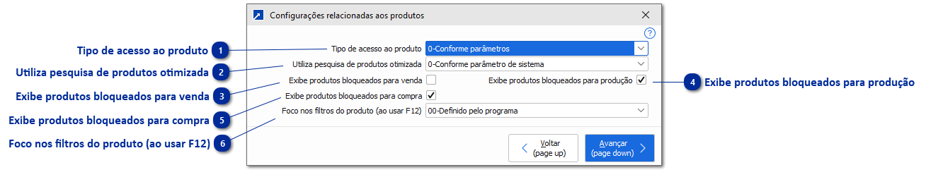 Configurações produto