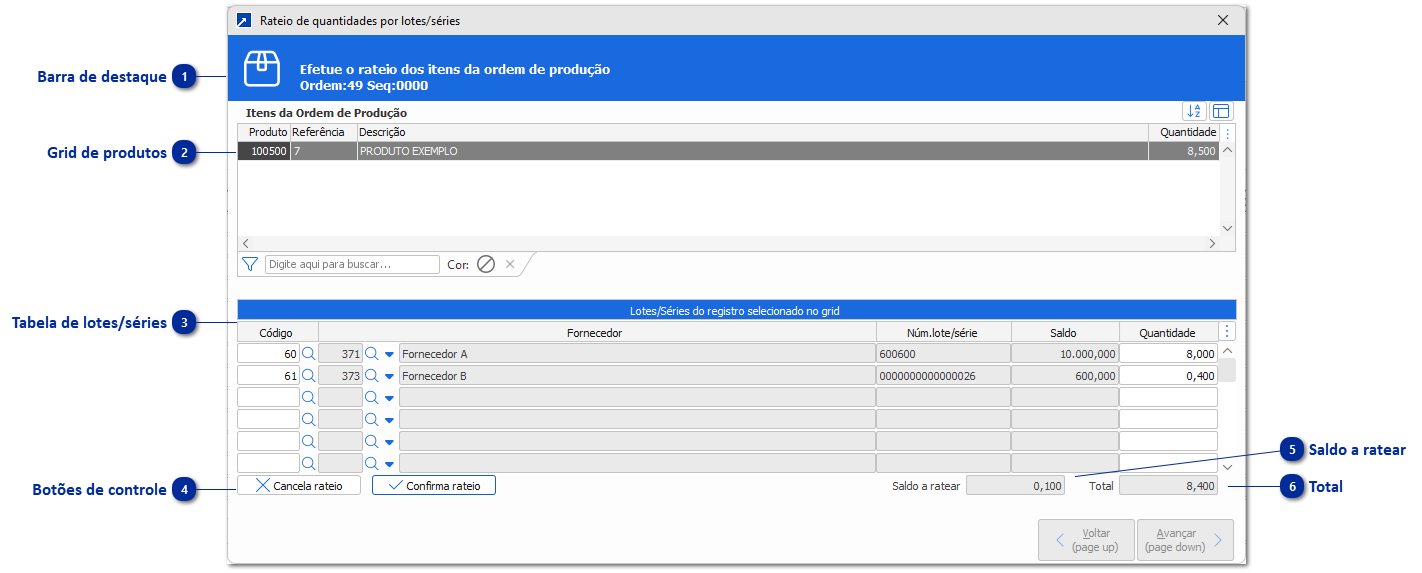 Rateio de quantidades por lotes/séries