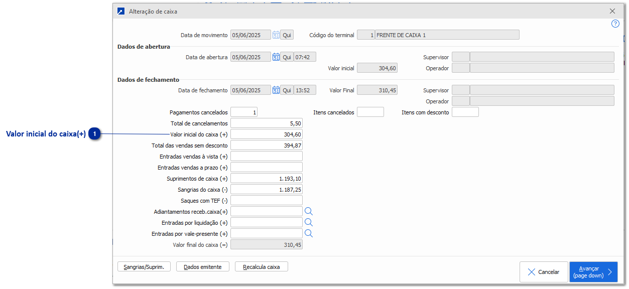 Por que o valor de fechamento do caixa pode divergir do valor de abertura do dia seguinte no Frente de Caixa?