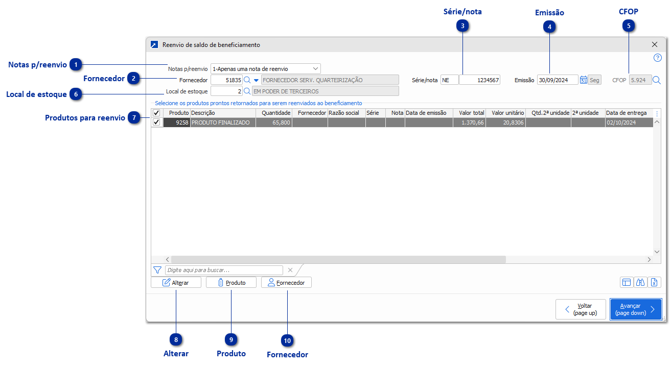 Reenvio de saldo de Beneficiamento