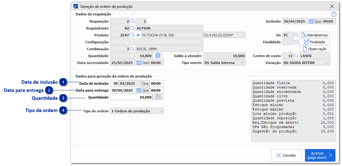 Pedido de Ressuprimento - Produção