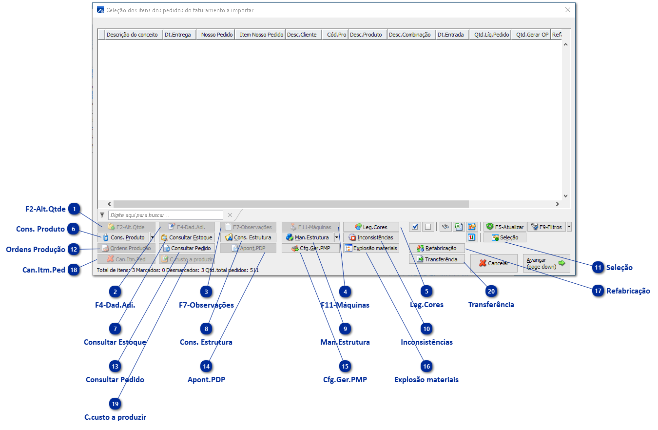 Seleção dos itens dos pedidos do faturamento a importar