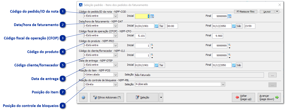 Seleções padrões - Itens do faturamento