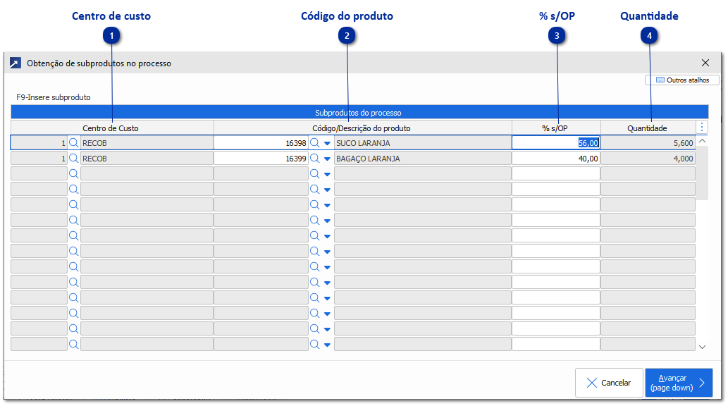 Subprodutos da ordem de produção