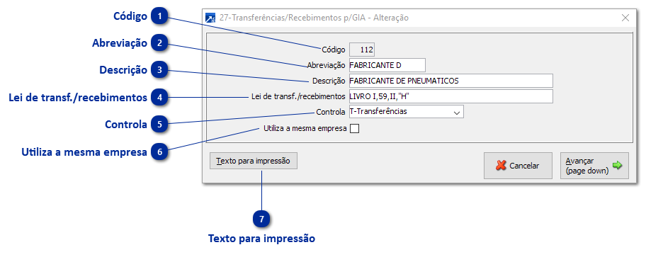 27 - Transferências/Recebimentos para GIA