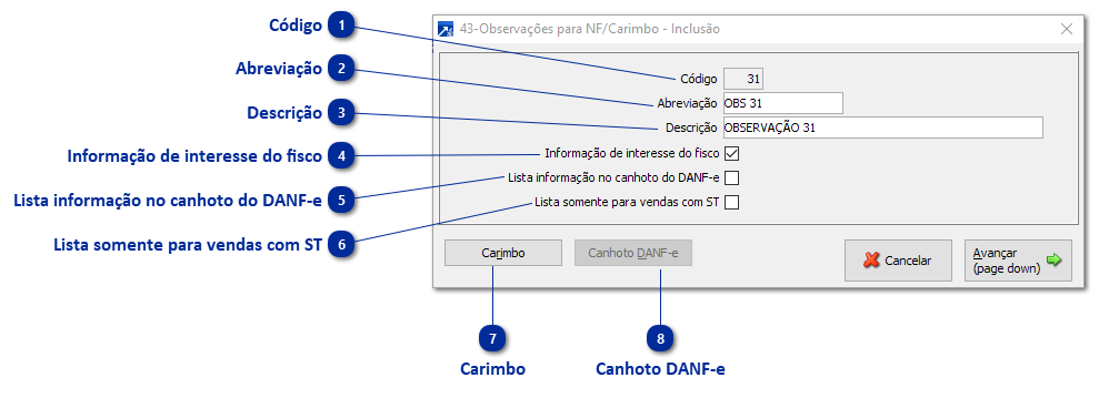 43 - Observações para NF/Carimbo